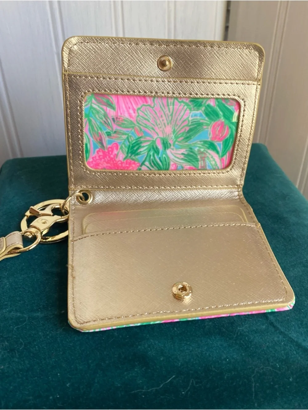 Lilly Pulitzer Pink & Green Floral Card Holder with Gold Strap
